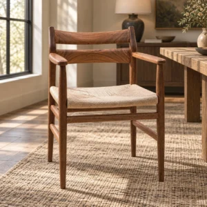 Walnut Yoke-Back Dining Armchair with Woven Seat in walnut — in a room setting