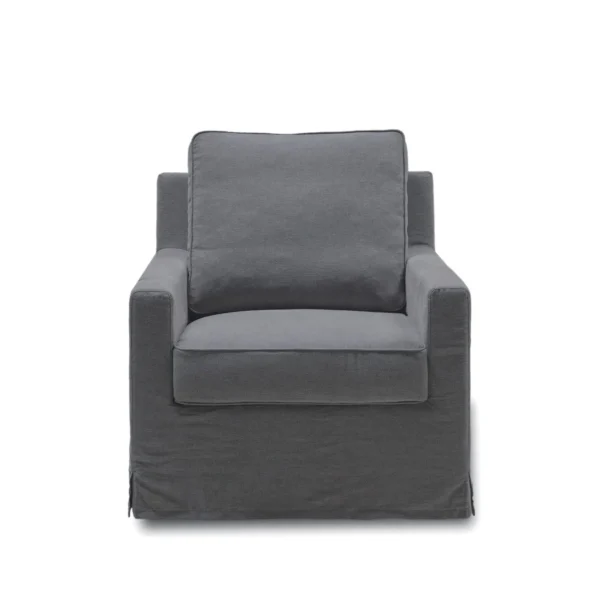 Navy Slipcovered Solid Wood Frame Armchair in blue — in a room setting