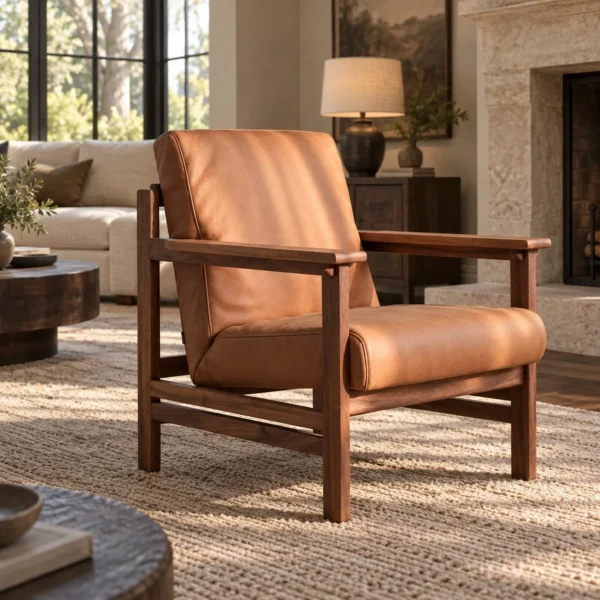 Solid Walnut Frame Lounge Chair in Tan Leather — in a room setting