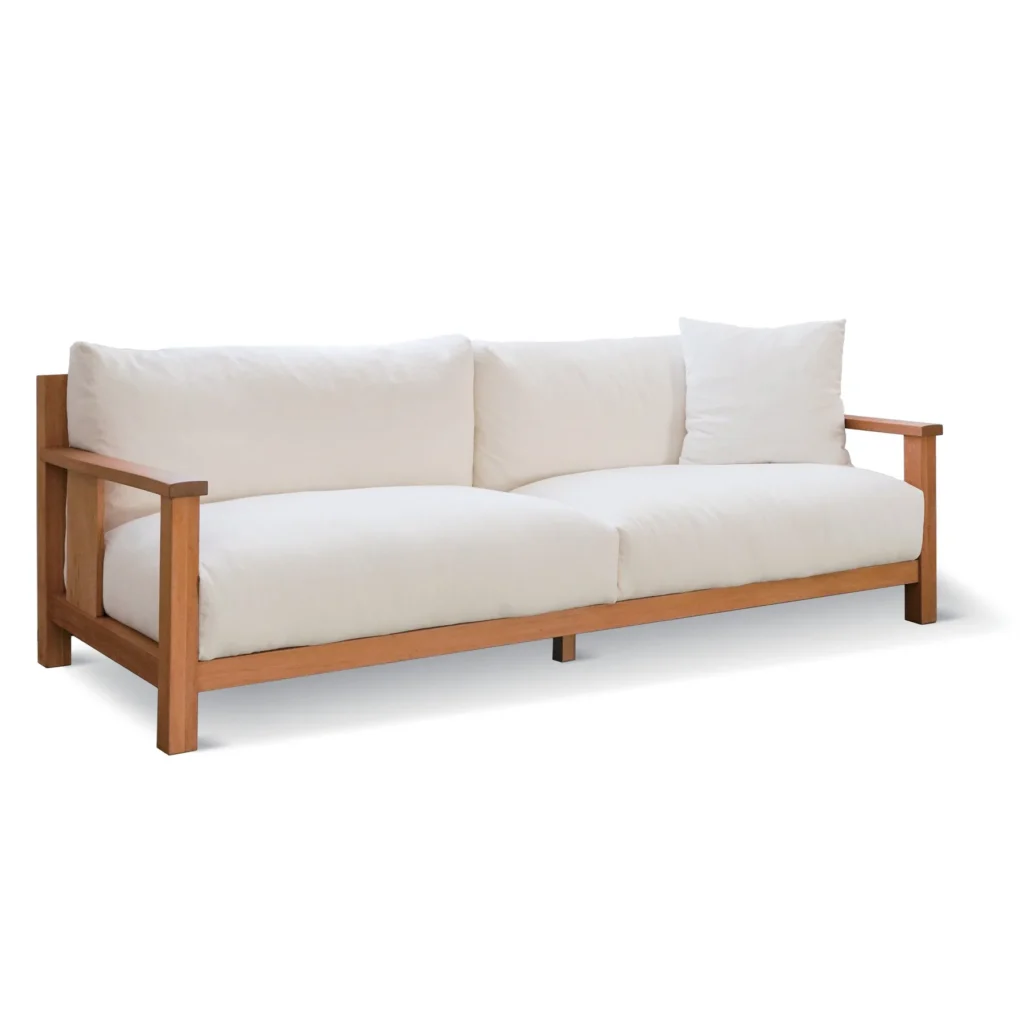 Solid Wood Frame Sofa with White Cushions and Wood Arms in natural oak — front view
