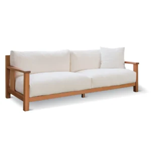 Solid Wood Frame Sofa with White Cushions and Wood Arms in natural oak — front view