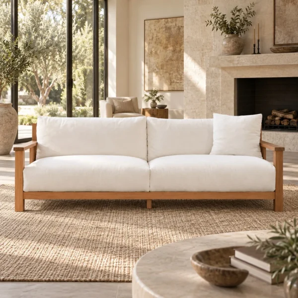 Solid Wood Frame Sofa with White Cushions and Wood Arms in natural oak — in a room setting
