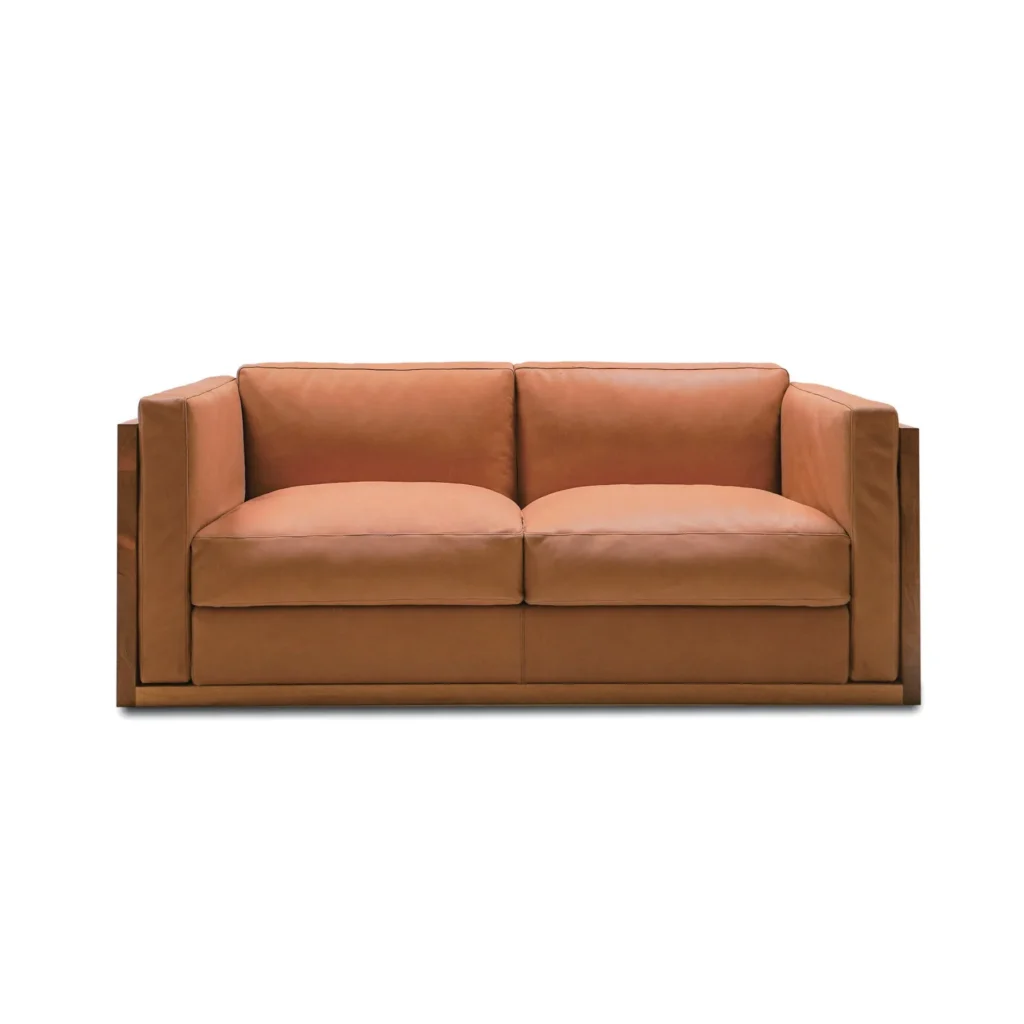 Cognac Leather Two-Seat Sofa with Leather-Wrapped Frame in clay — front view