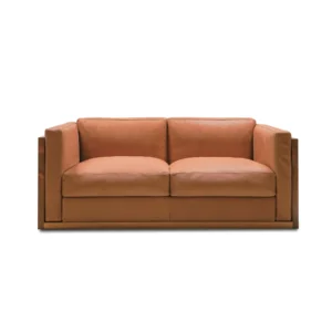 Cognac Leather Two-Seat Sofa with Leather-Wrapped Frame in clay — front view