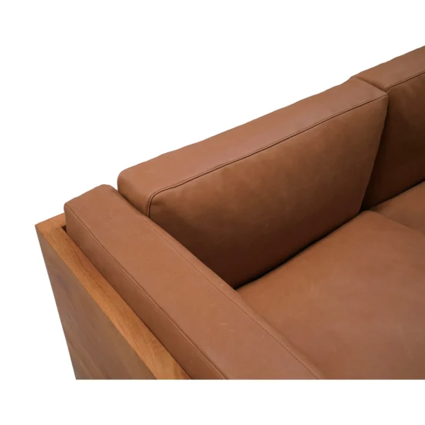 Cognac Leather Two-Seat Sofa with Leather-Wrapped Frame in clay — in a room setting