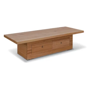 Solid Teak Low Coffee Table with Storage Cabinet Base in natural oak — front view