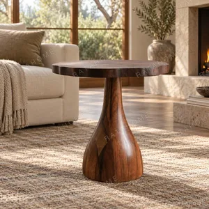 Solid Walnut Sculpted Pedestal Side Table in walnut — in a room setting