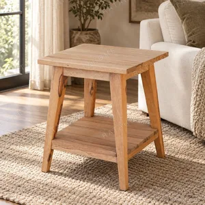 Solid Wood Splayed-Leg Side Table with Lower Shelf in natural oak — in a room setting