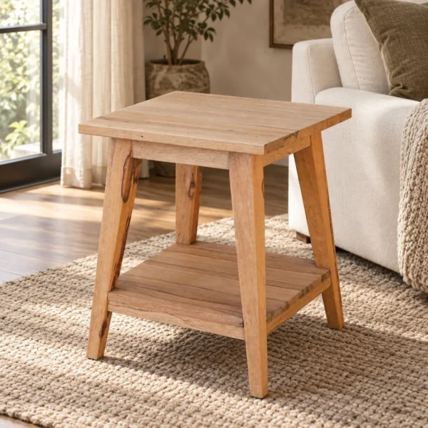 Solid Wood Splayed-Leg Side Table with Lower Shelf in natural oak — in a room setting