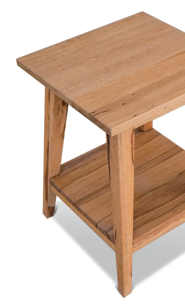 Solid Wood Splayed-Leg Side Table with Lower Shelf in natural oak — in a room setting