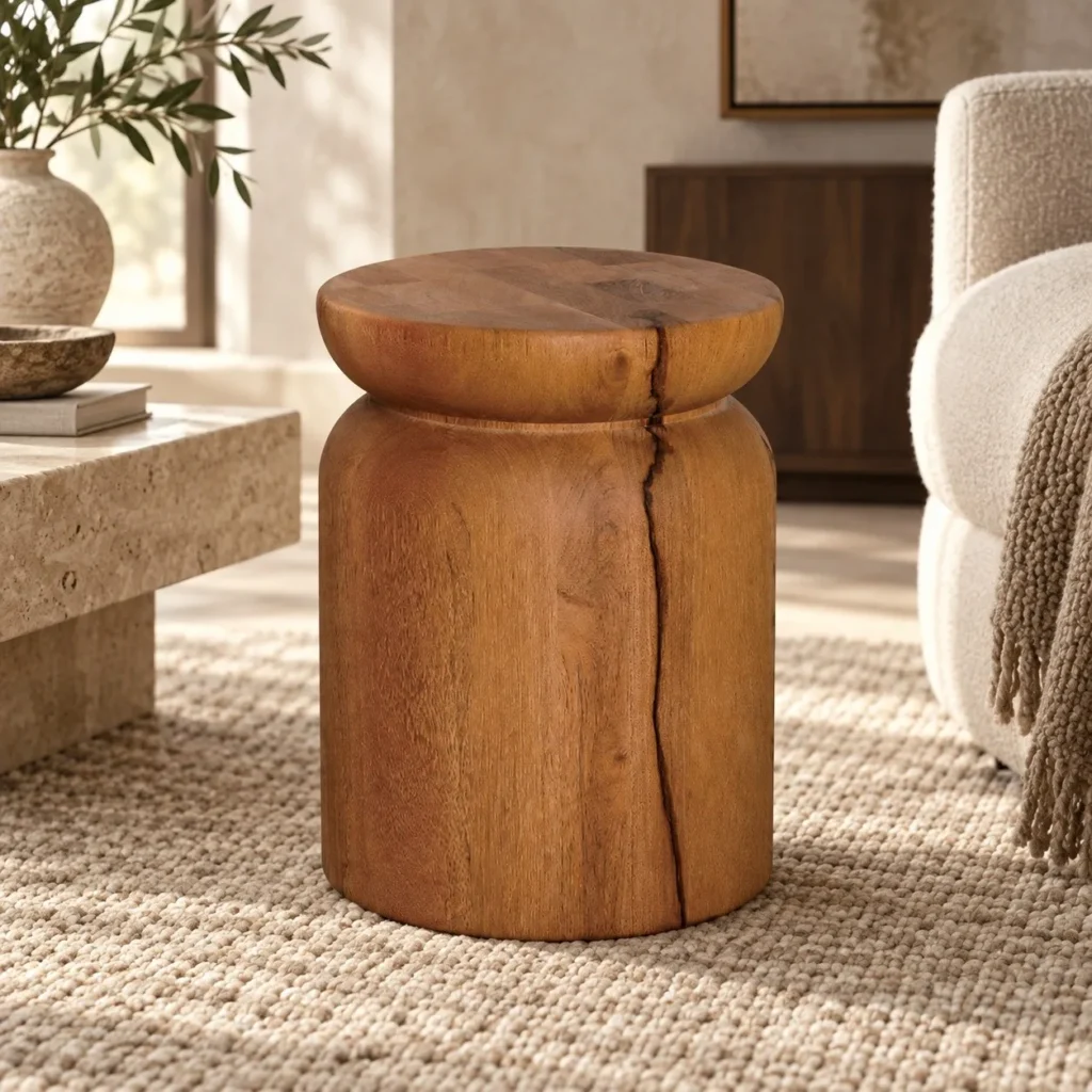 Solid Wood Log Side Table with Mushroom Top in clay — front view