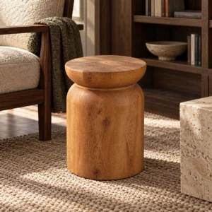 Solid Wood Log Side Table with Mushroom Top in clay — in a room setting