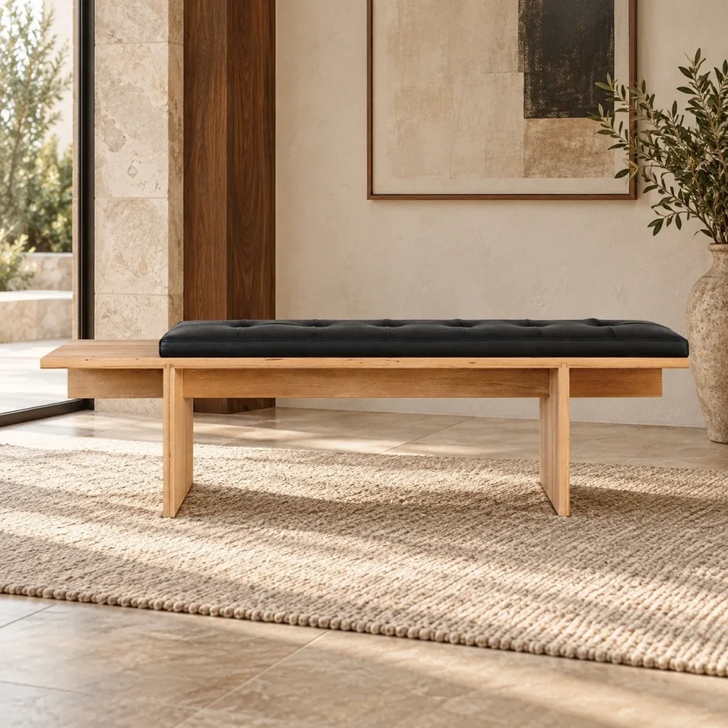 Oak Bench with Black Leather Button Cushion in natural oak — front view