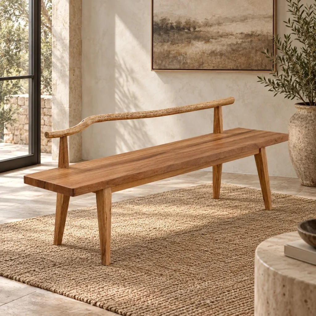 Solid Wood Bench with Live-Edge Branch Backrest in natural oak — front view