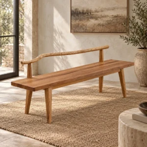 Solid Wood Bench with Live-Edge Branch Backrest in natural oak — front view