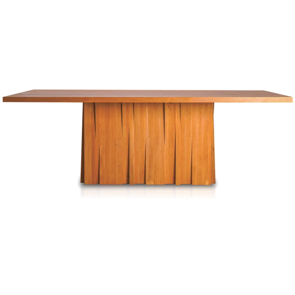 Solid Wood Dining Table on Fluted Plank Pedestal in natural oak — front view