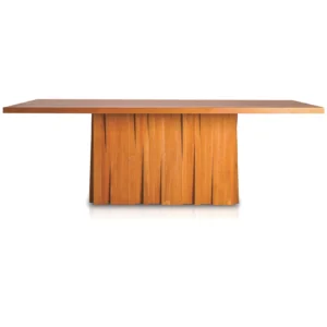 Solid Wood Dining Table on Fluted Plank Pedestal in natural oak — front view