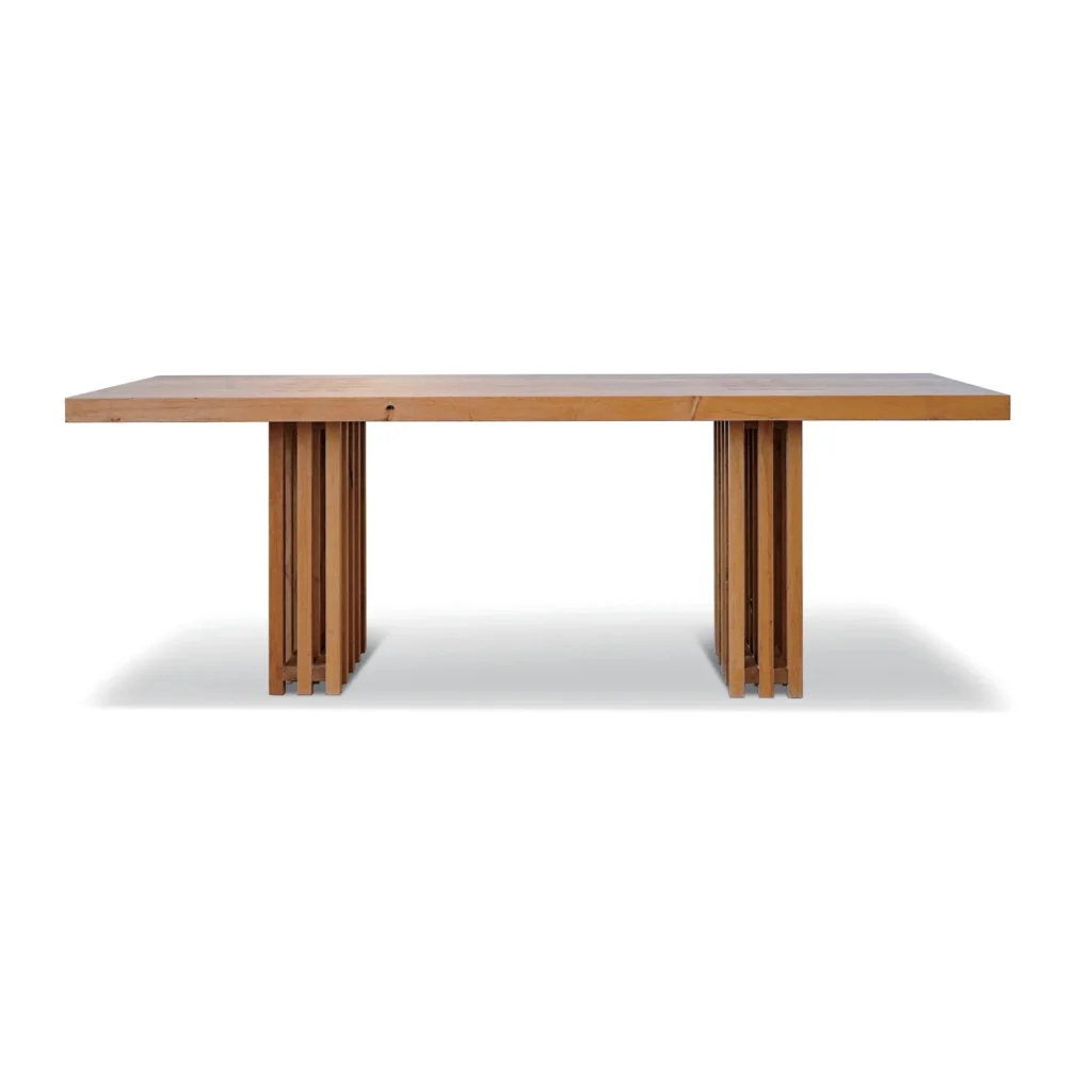 Solid Wood Dining Table on Slatted Trestle Bases in natural oak — front view