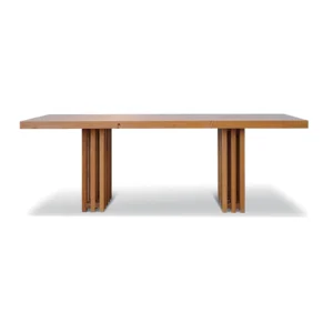 Solid Wood Dining Table on Slatted Trestle Bases in natural oak — front view