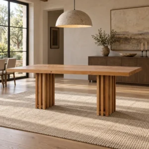 Solid Wood Dining Table on Slatted Trestle Bases in natural oak — in a room setting