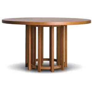 Solid Wood Round Dining Table on Spindle Cage Base in natural oak — front view
