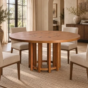 Solid Wood Round Dining Table on Spindle Cage Base in natural oak — in a room setting