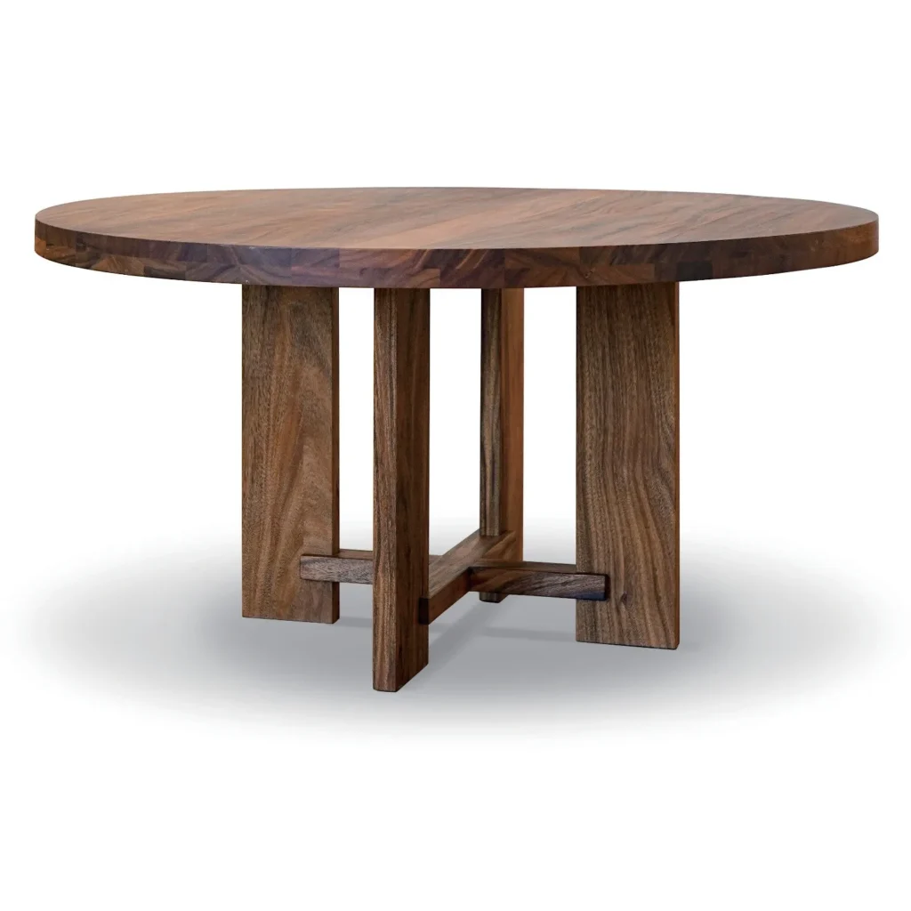 Solid Wood Round Dining Table on Cross-Panel Base in walnut — front view