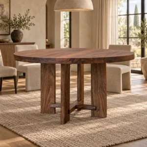 Solid Wood Round Dining Table on Cross-Panel Base in walnut — in a room setting