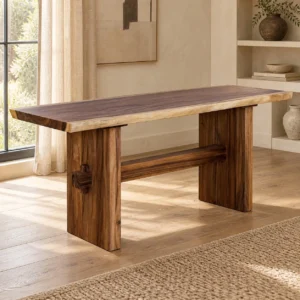 Live-Edge Solid Wood Trestle Dining Table in walnut — in a room setting