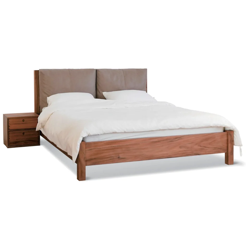 Solid Wood Bed with Taupe Cushion Headboard in natural oak — front view