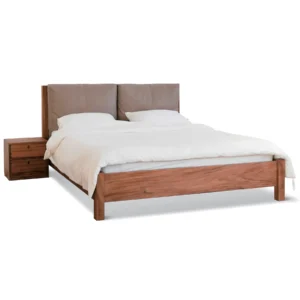 Solid Wood Bed with Taupe Cushion Headboard in natural oak — front view