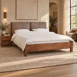 Solid Wood Bed with Taupe Cushion Headboard in natural oak — in a room setting