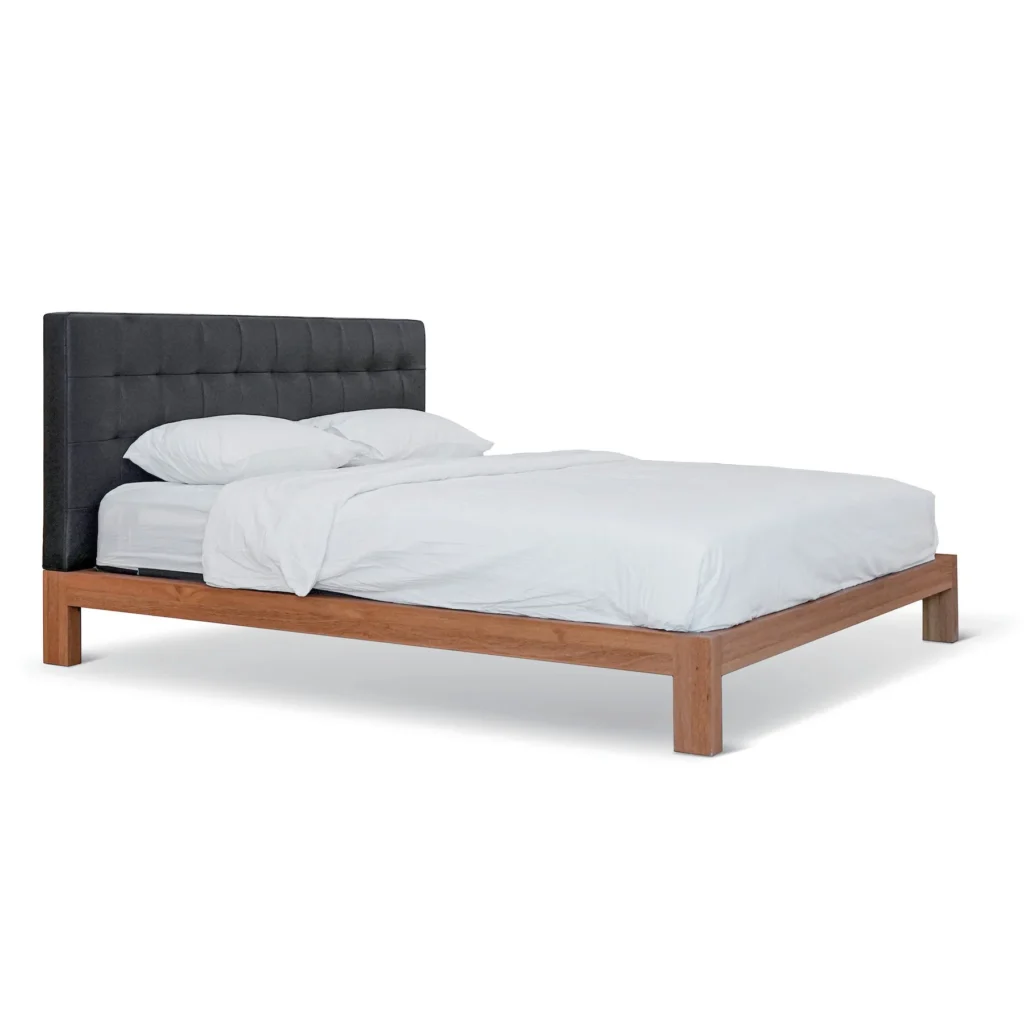 Solid Wood Platform Bed with Charcoal Tufted Headboard in natural oak — front view