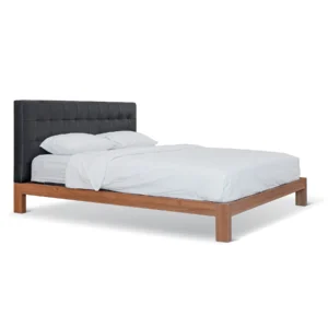 Solid Wood Platform Bed with Charcoal Tufted Headboard in natural oak — front view