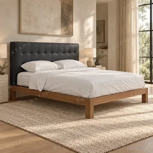 Solid Wood Platform Bed with Charcoal Tufted Headboard in natural oak — in a room setting