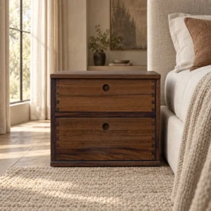 Solid Wood Two-Drawer Nightstand with Finger Joints in clay — in a room setting
