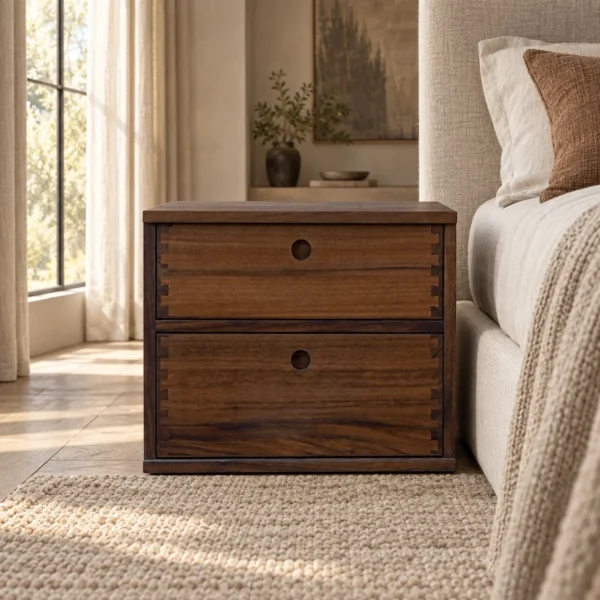 Solid Wood Two-Drawer Nightstand with Finger Joints in clay — in a room setting