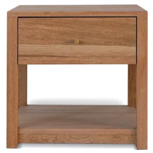 Solid Wood Nightstand with Drawer and Open Shelf in natural oak — front view