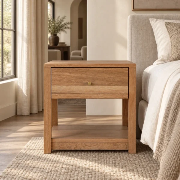 Solid Wood Nightstand with Drawer and Open Shelf in natural oak — in a room setting