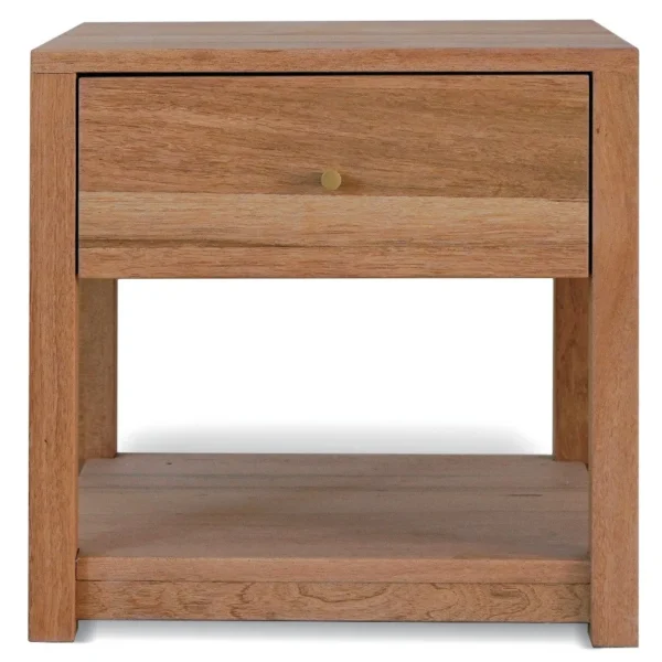 Solid Wood Nightstand with Drawer and Open Shelf in natural oak — in a room setting