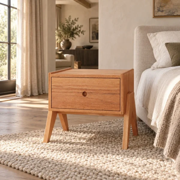 Solid Wood Nightstand on Splayed Legs in natural oak — in a room setting