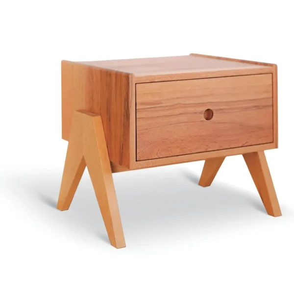 Solid Wood Nightstand on Splayed Legs in natural oak — in a room setting