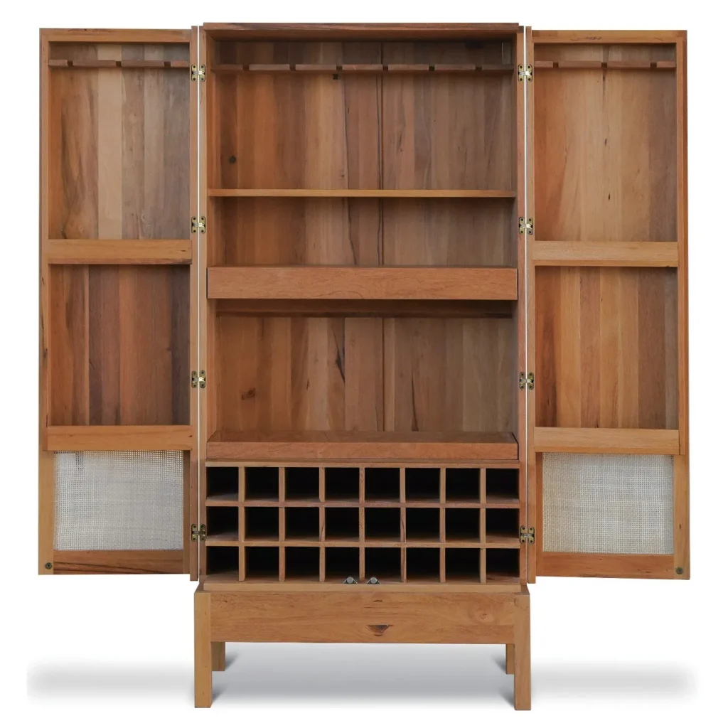 Solid Wood Bar Cabinet with Wine Rack and Fitted Doors in natural oak — front view
