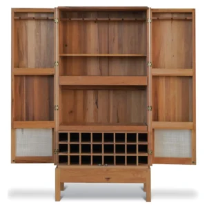 Solid Wood Bar Cabinet with Wine Rack and Fitted Doors in natural oak — front view