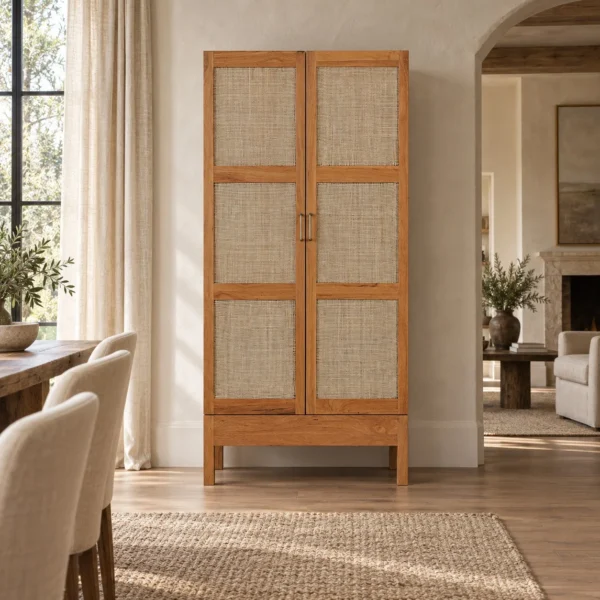 Solid Wood Bar Cabinet with Wine Rack and Fitted Doors in natural oak — in a room setting