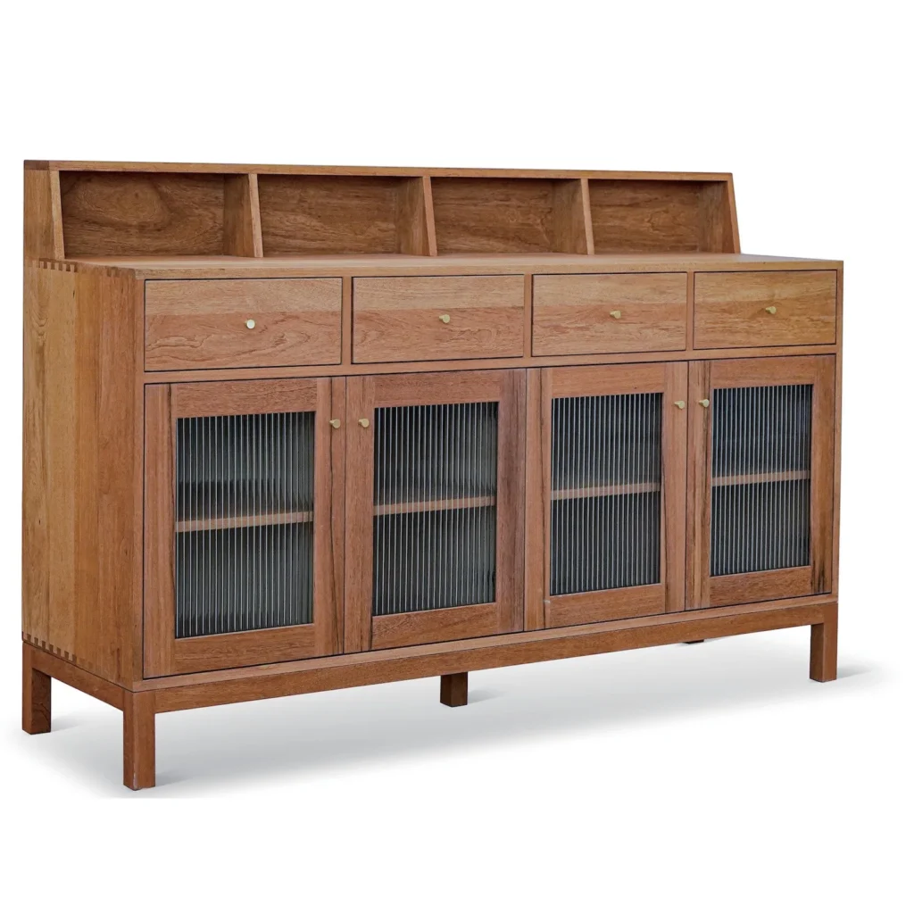 Solid Wood Sideboard with Reeded Glass Doors and Gallery Top in clay — front view