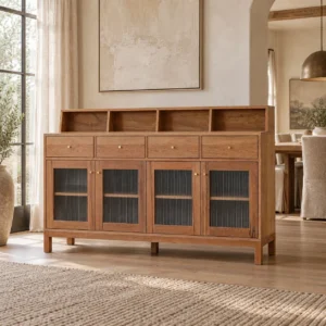 Solid Wood Sideboard with Reeded Glass Doors and Gallery Top in clay — in a room setting