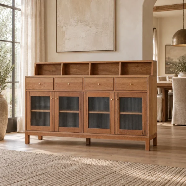 Solid Wood Sideboard with Reeded Glass Doors and Gallery Top in clay — in a room setting