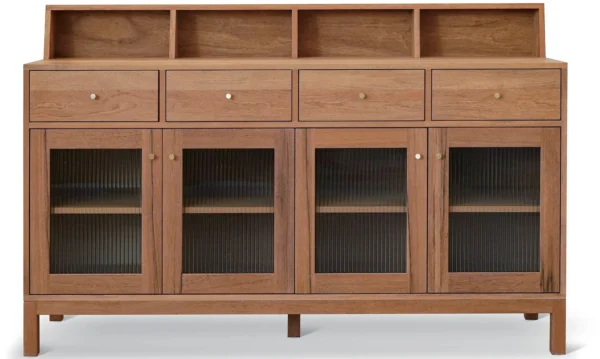 Solid Wood Sideboard with Reeded Glass Doors and Gallery Top in clay — in a room setting