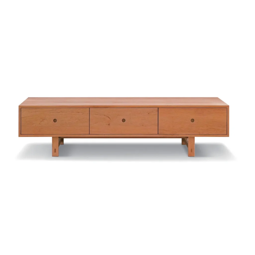 Solid Cherry Low TV Cabinet with Three Drawers in clay — front view